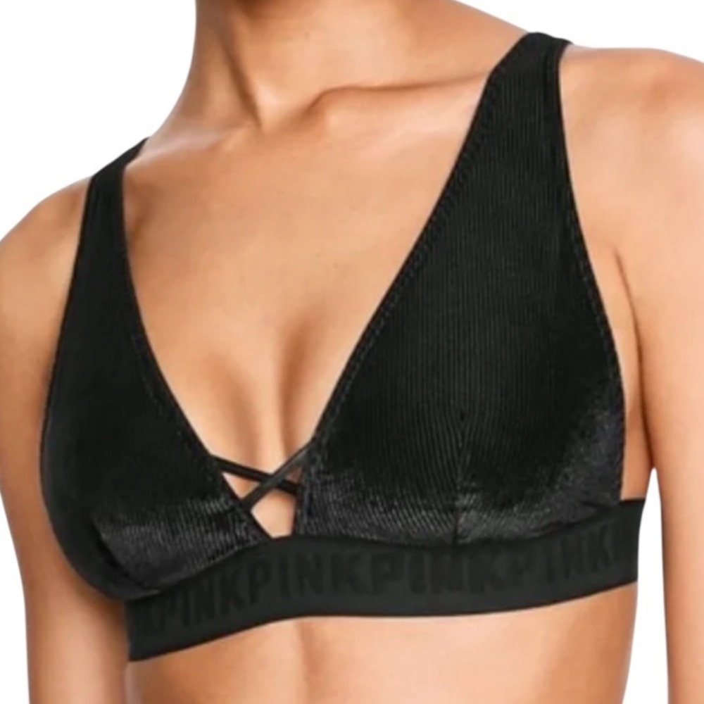 VICTORIA'S SECRET PINK Black Ribbed Velvet BRA BRALETTE Logo Band Criss-Cross L